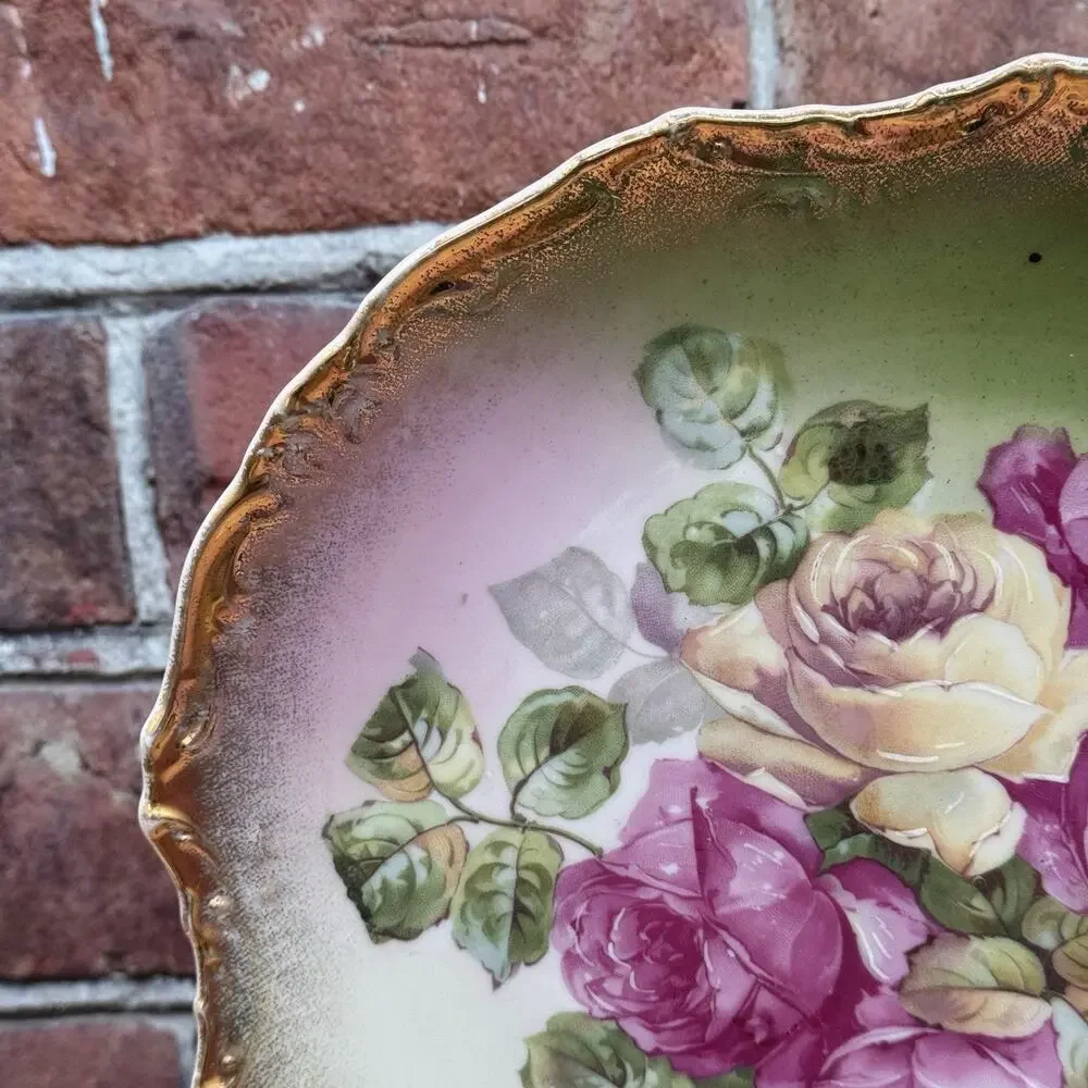 Antique Wheelock & Co California Rose Plate Pink Yellow Floral Germany Gold Edge